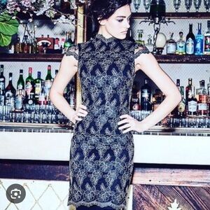 Alice + Olivia Black & Gold Floral Lace Cocktail Marya Dress